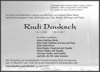 Traueranzeige von Rudi Dauksch von Südthüringer Presse