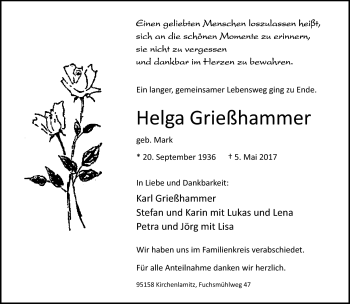 Traueranzeige von Helga Grießhammer von Frankenpost