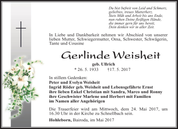 Traueranzeige von Gerlinde Weisheit von Südthüringer Presse