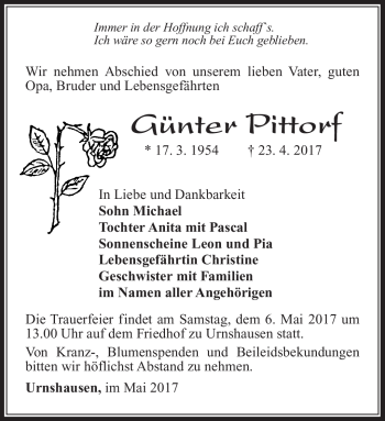 Traueranzeige von Günter Pittorf von Südthüringer Presse