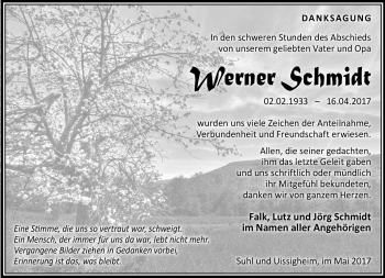 Traueranzeige von Werner Schmidt von Südthüringer Presse