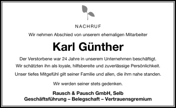 Traueranzeige von Karl Günther von Frankenpost