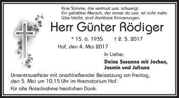 Traueranzeige von Günter Rödiger von Frankenpost