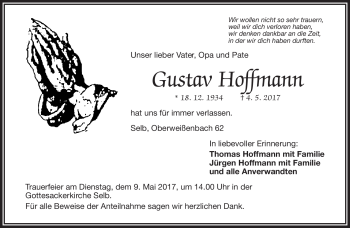 Traueranzeige von Gustav Hoffmann von Frankenpost
