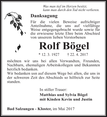 Traueranzeige von Rolf Bögel von Südthüringer Presse