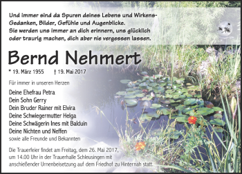Traueranzeige von Bernd Nehmert von Südthüringer Presse