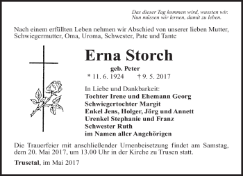Traueranzeige von Erna Storch von Südthüringer Presse