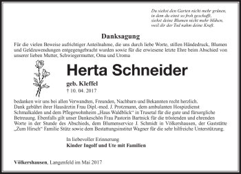 Traueranzeige von Herta Schneider von Südthüringer Presse