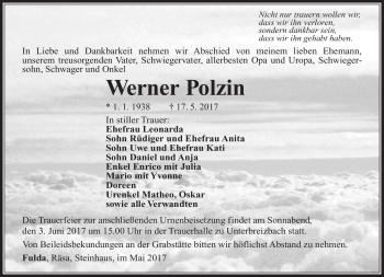 Traueranzeige von Werner Polzin von Südthüringer Presse