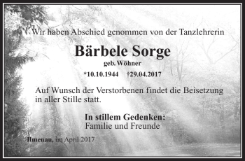 Traueranzeige von Bärbele Sorge von Südthüringer Presse