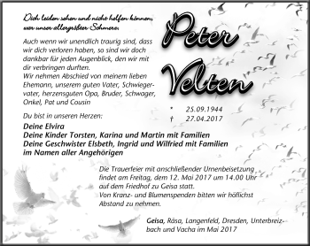 Traueranzeige von Peter Velten von Südthüringer Presse