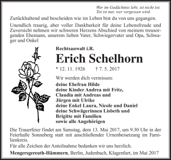 Traueranzeige von Erich Schelhorn von Südthüringer Presse