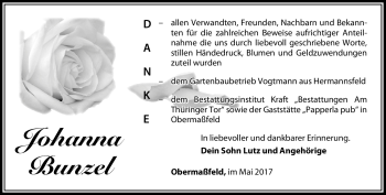 Traueranzeige von Johanna Bunzel von Südthüringer Presse