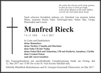 Traueranzeige von Manfred Rieck von Südthüringer Presse