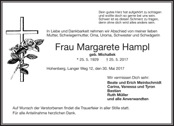 Traueranzeige von Margarete Hampl von Frankenpost