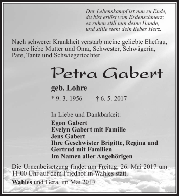 Traueranzeige von Petra Gabert von Südthüringer Presse