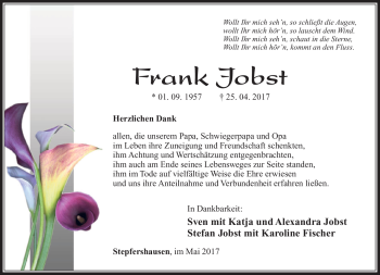 Traueranzeige von Frank Jobst von Südthüringer Presse