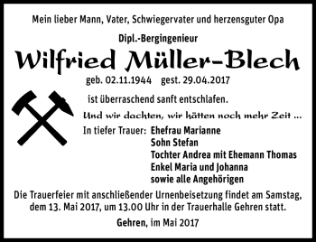 Traueranzeige von Wilfried Müller-Blech von Südthüringer Presse