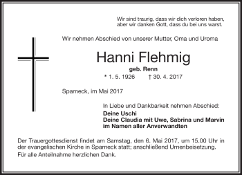 Traueranzeige von Hanni Flehmig von Frankenpost