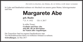 Traueranzeige von Margarete Abe von Südthüringer Presse