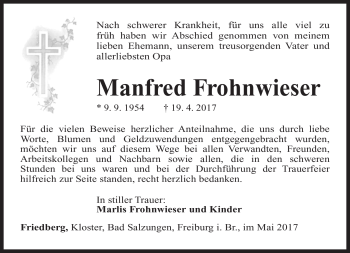 Traueranzeige von Manfred Frohnwieser von Südthüringer Presse