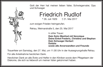 Traueranzeige von Friedrich Rudlof von Frankenpost