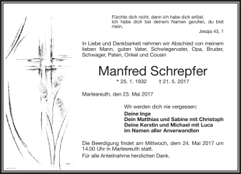 Traueranzeige von Manfred Schrepfer von Frankenpost
