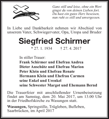 Traueranzeige von Siegfried Schirmer von Südthüringer Presse
