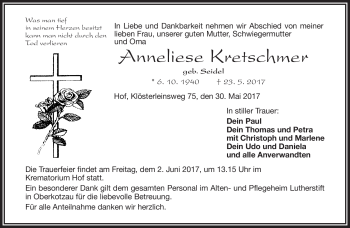 Traueranzeige von Annelise Kretschmer von Frankenpost