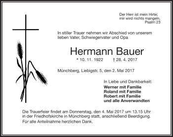 Traueranzeige von Hermann Bauer von Frankenpost
