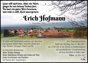 Traueranzeige von Erich Hofmann von Südthüringer Presse