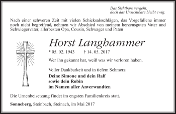 Traueranzeige von Horst Langhammer von Südthüringer Presse