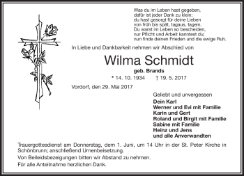 Traueranzeige von Wilma Schmidt von Frankenpost