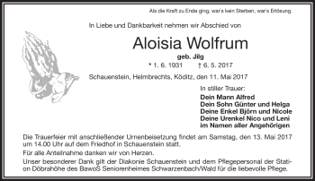 Traueranzeige von Aloisia Wolfrum von Frankenpost