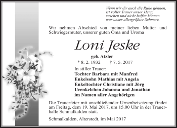 Traueranzeige von Loni Jeske von Südthüringer Presse
