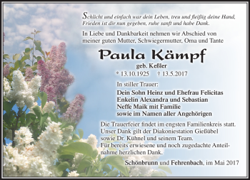 Traueranzeige von Paula Kämpf von Südthüringer Presse