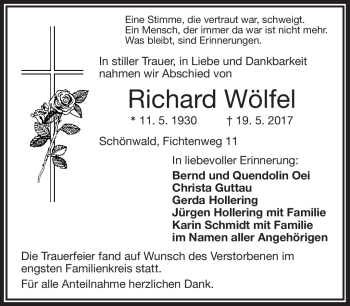 Traueranzeige von Richard Wölfel von Frankenpost