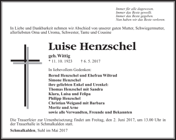 Traueranzeige von Luise Henzschel von Südthüringer Presse