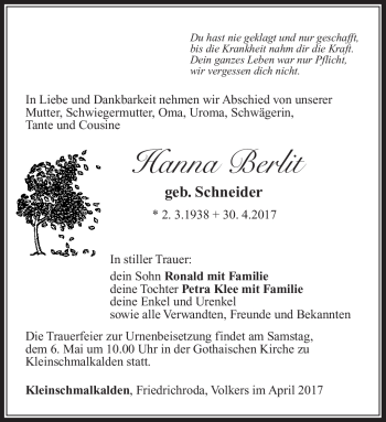 Traueranzeige von Hanna Berlit von Südthüringer Presse