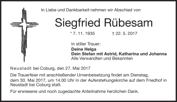 Traueranzeige von Siegfried Rübesam von Neue Presse Coburg