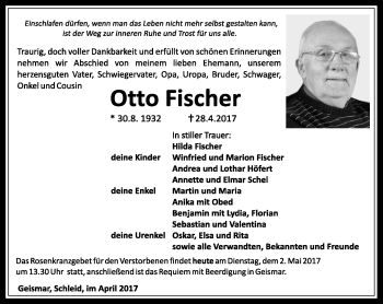 Traueranzeige von Otto Fischer von Südthüringer Presse