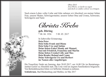 Traueranzeige von Christa Krebs von Südthüringer Presse