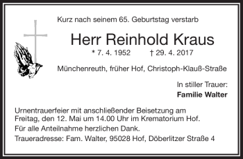 Traueranzeige von Reinhold Kraus von Frankenpost