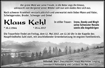 Traueranzeige von Klaus Kehl von Südthüringer Presse