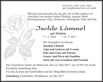 Traueranzeige von Isolde Lämmel von Südthüringer Presse