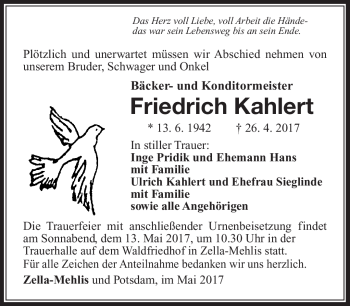 Traueranzeige von Friedrich Kahlert von Südthüringer Presse