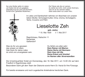 Traueranzeige von Lieslotte Zeh von Frankenpost