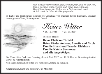 Traueranzeige von Heinz Witter von Südthüringer Presse