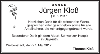 Traueranzeige von Jürgen Kloß von Frankenpost