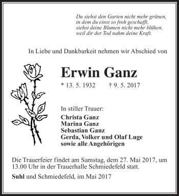 Traueranzeige von Erwin Ganz von Südthüringer Presse